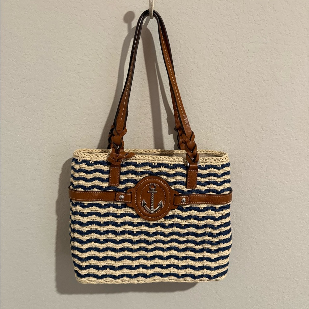 Brighton Navy and Cream Woven Tote with Brown Trim and Anchor